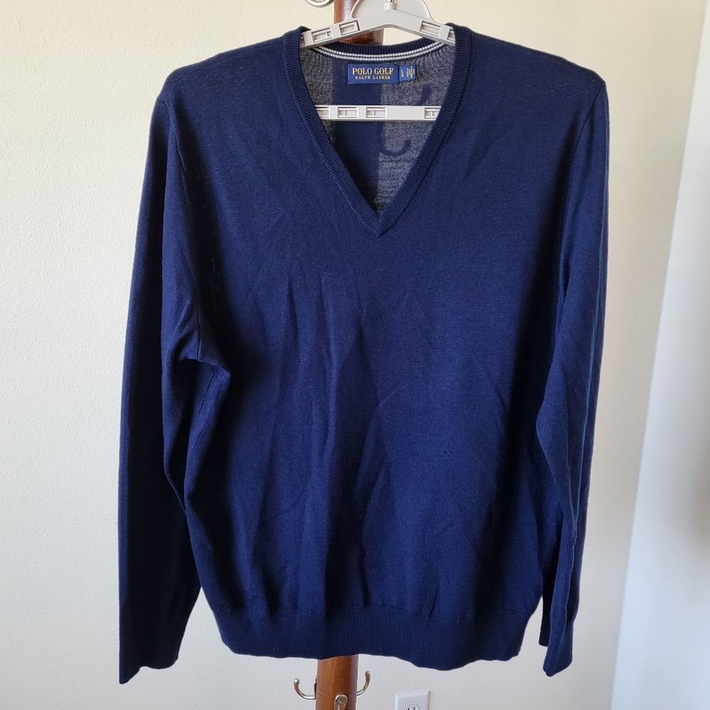 Polo Golf Ralph Lauren V Neck Navy Blue Wool Sweater Mens L